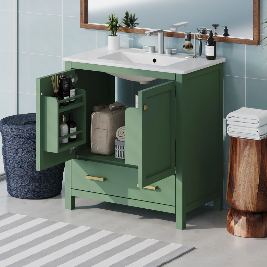 Meuble-lavabo de salle de bains Harper & Bright Designs 30 avec lavabo, armoire de salle de bains avec plateau en céramique, portes et tiroir de rangement multifonctionnels, vert