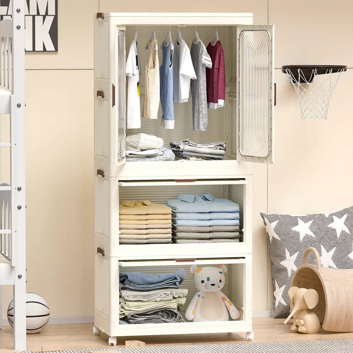 Penderie portable pour enfants Montary avec portes magnétiques et tringle – Meuble de rangement en plastique à 4 casiers pour chambre d'enfant