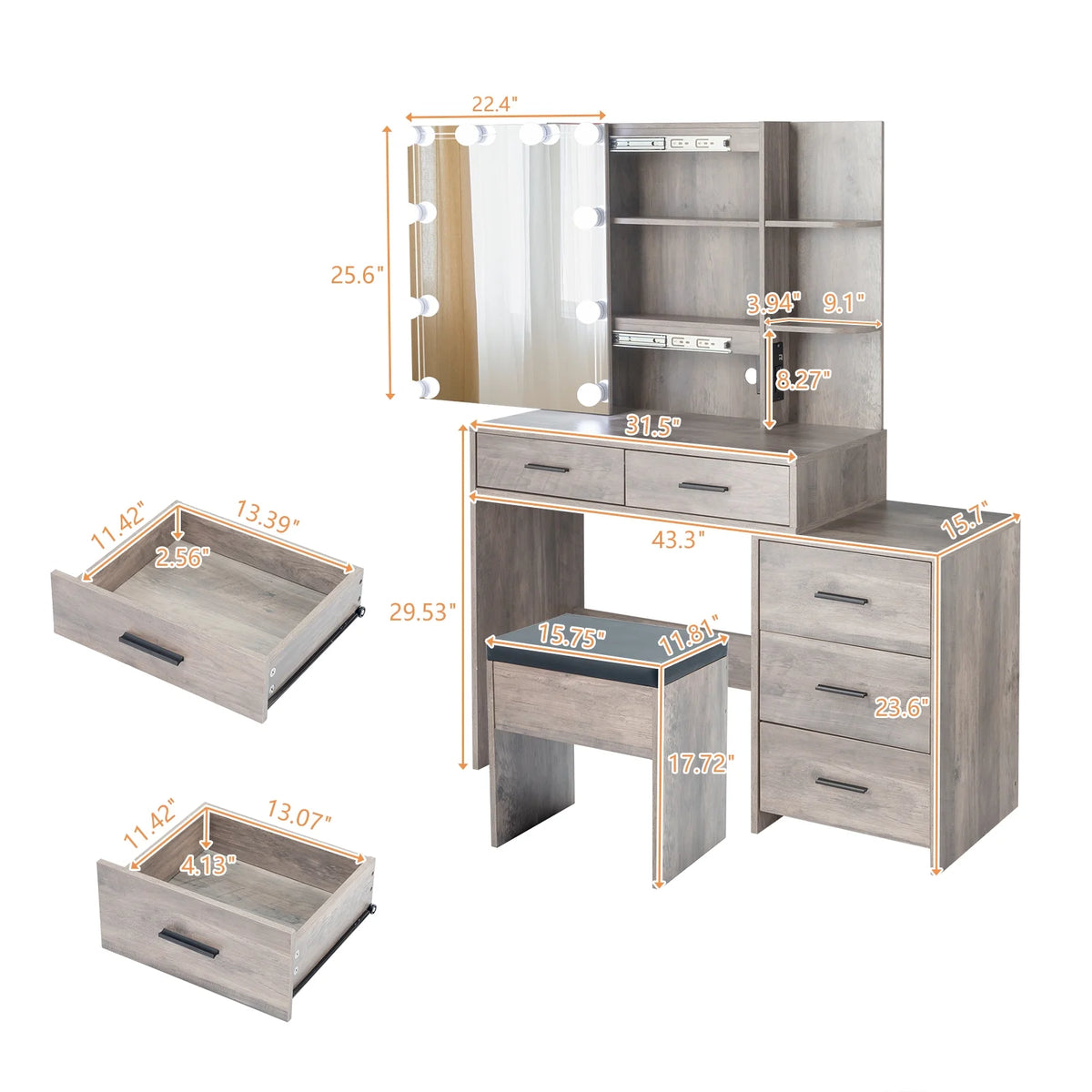 Coiffeuse Ktaxon avec miroir éclairé à 3 couleurs & station de charge, table de maquillage avec 3 étagères de rangement & tiroirs, bureau de toilette avec tabouret, gris rétro