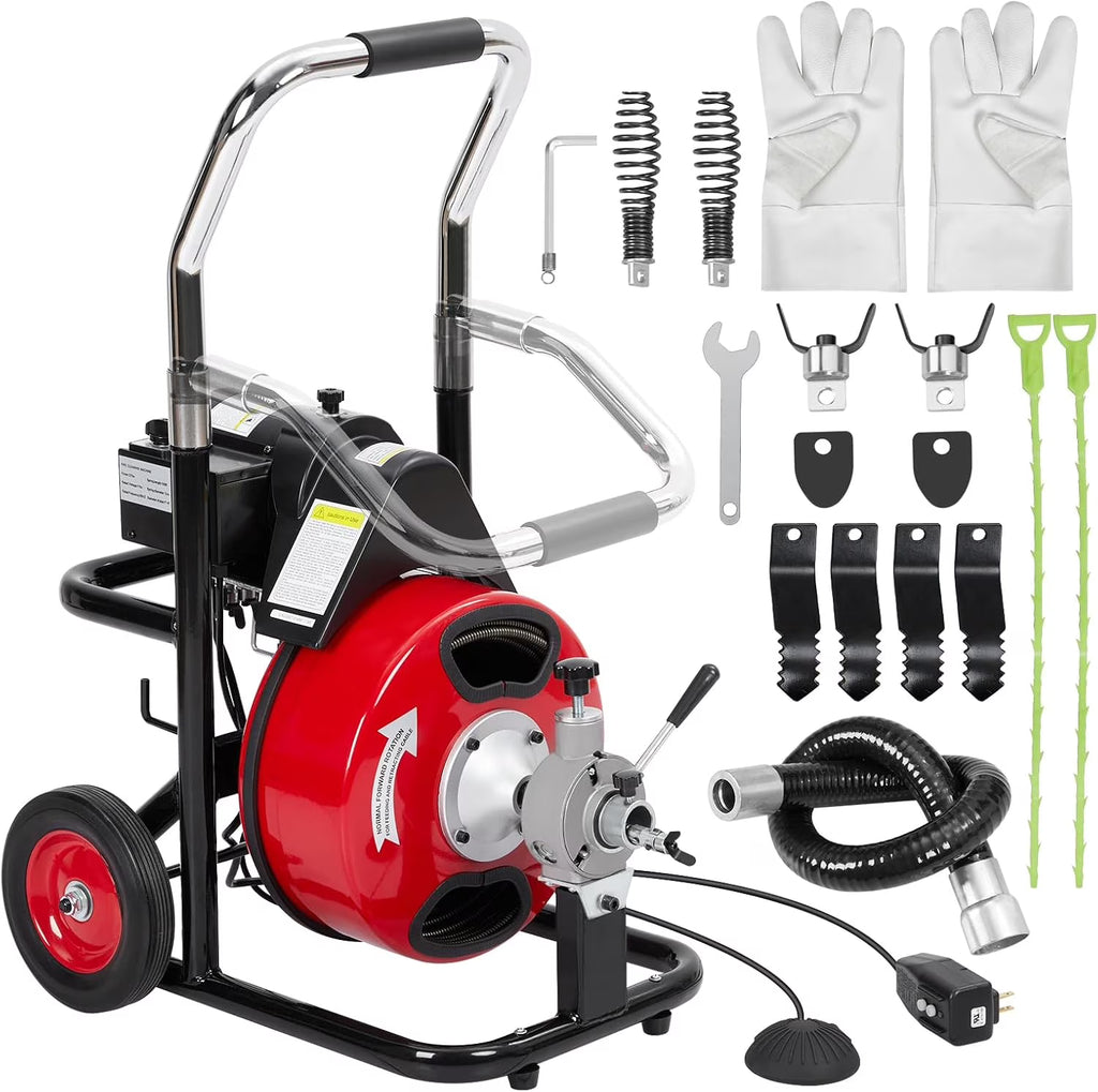 Machine de débouchage à alimentation automatique 100 pi x 3/8 po avec moteur de 250 W, furet de canalisation portable avec 8 coupe-frappes et pédale de commande à activation pneumatique, convient pour 1 à 4 tuyaux