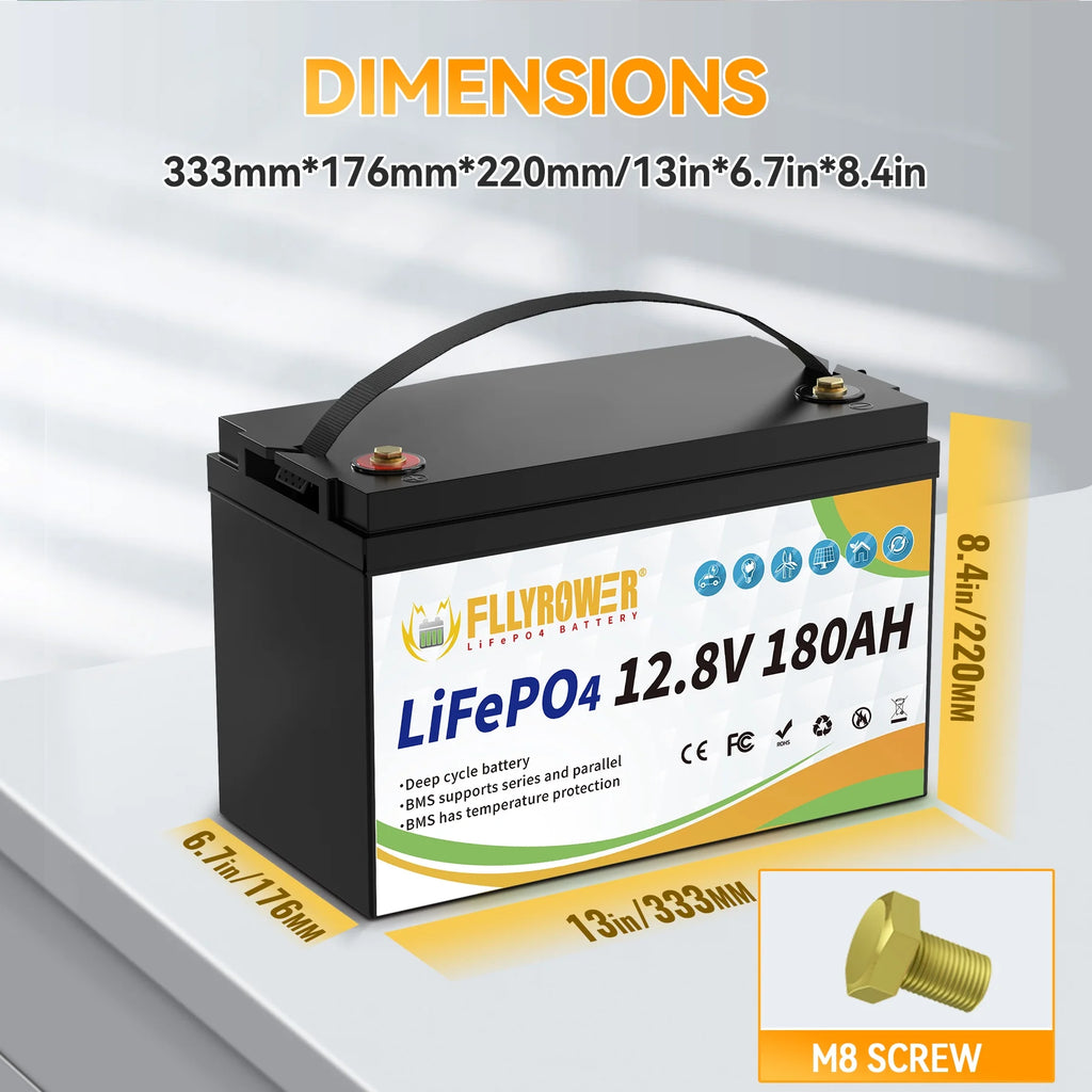 Batterie LiFePO4 12V 180Ah avec Chargeur,pour Moteur électrique Camping-car Marine Solaire Hors réseau Bateau,Batteries 15000+ Cycles profonds