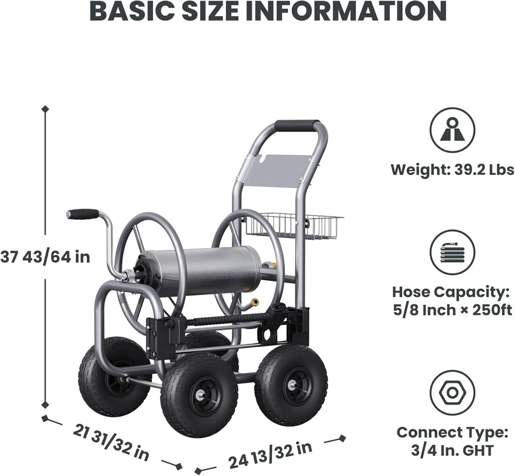 Chariot dévidoir de tuyau d'arrosage industriel robuste Giraffe Tools avec roues, capacité de 76 m (250 pi) pour tuyau de 16 mm (5/8 po)