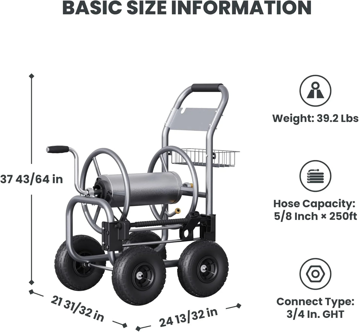 Chariot dévidoir de tuyau d'arrosage industriel robuste Giraffe Tools avec roues, capacité de 76 m (250 pi) pour tuyau de 16 mm (5/8 po)