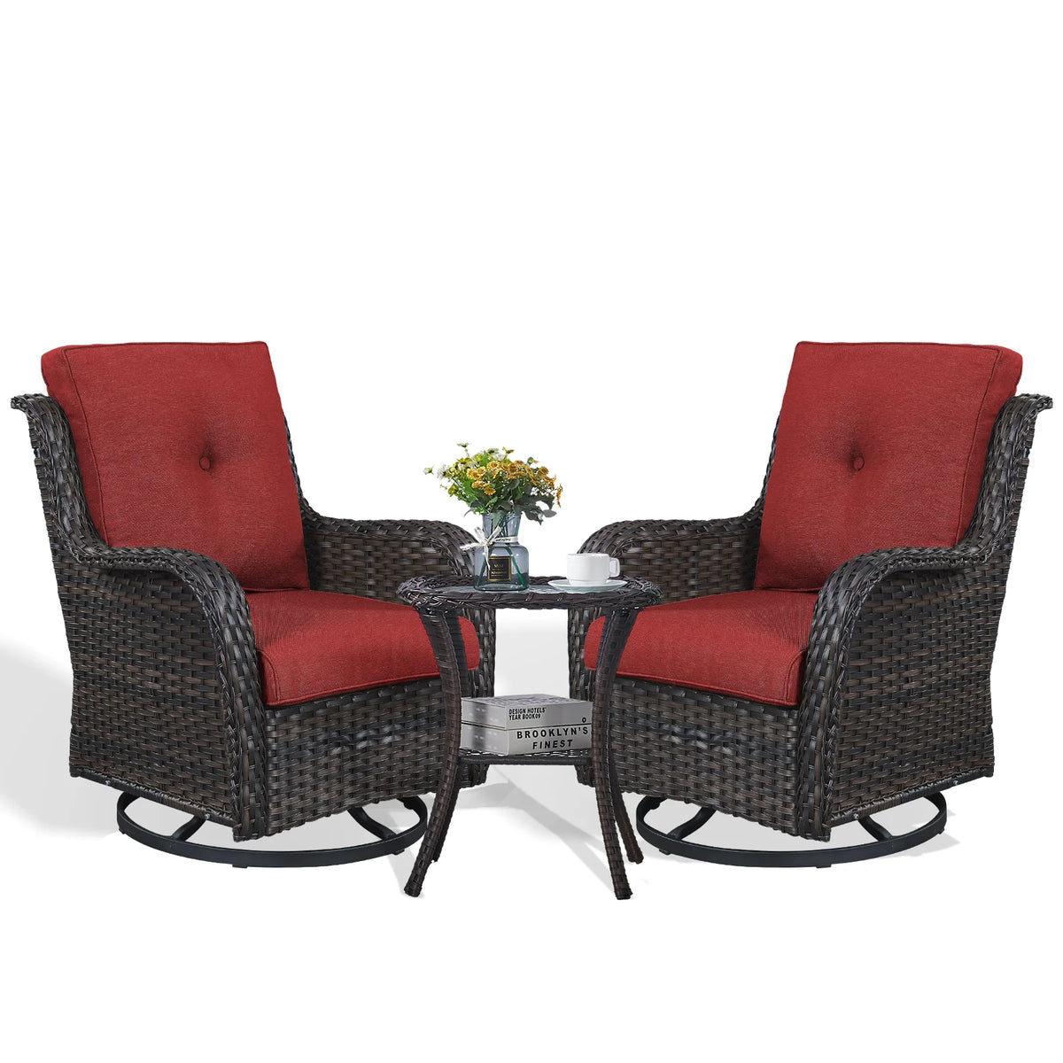 POCASSY Salon de Jardin 3 Pièces en Rotin Tressé Fauteuils Berçants et Pivotants avec Coussins