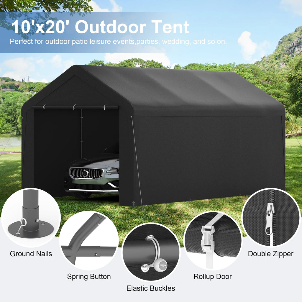GOJOOASIS Carport, 10 x 20 Abri de voiture robuste avec paroi amovible, Garage portable en PE résistant à l'eau avec bâche toutes saisons Beige