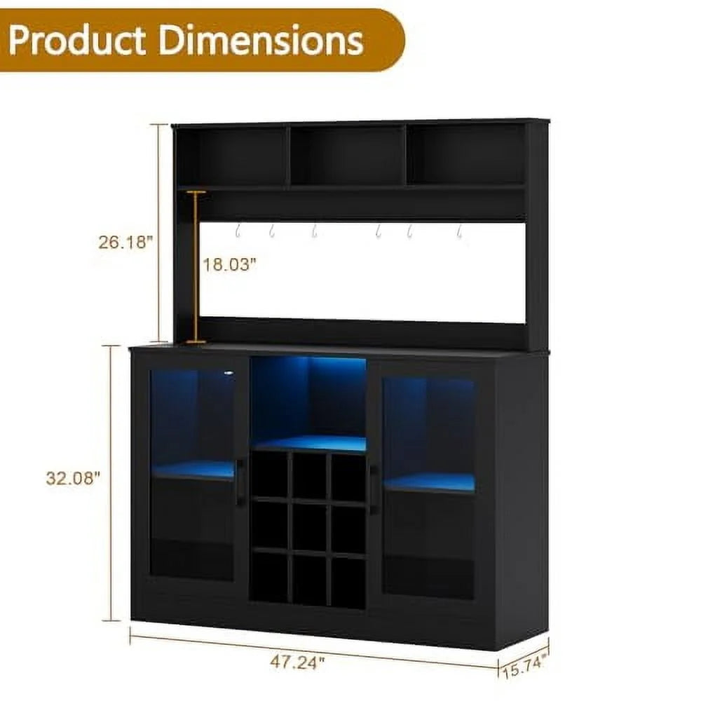 Meuble bar à café et à vin Juiluna avec prise électrique, 6 crochets, 9 porte-verres et étagère réglable, meuble à boissons avec éclairage LED, buffet avec étagère de rangement pour cuisine, noir