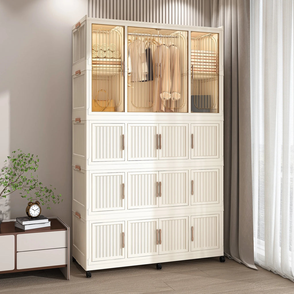 Penderie portable pour enfants Montary avec portes magnétiques et tringle – Meuble de rangement en plastique à 4 casiers pour chambre d'enfant