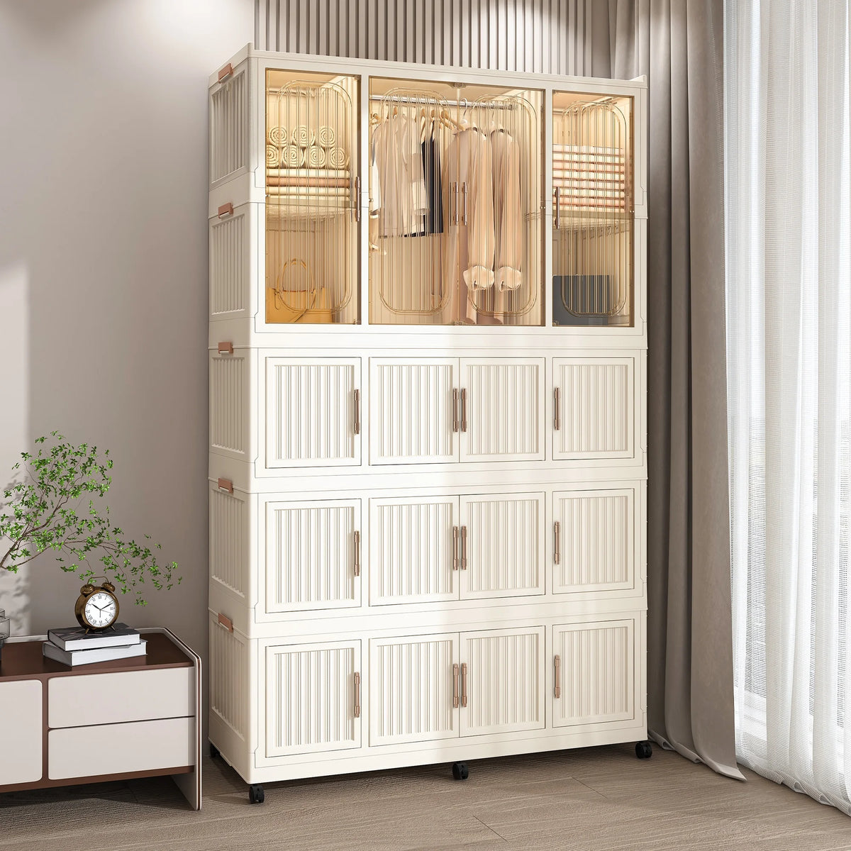Penderie portable pour enfants Montary avec portes magnétiques et tringle – Meuble de rangement en plastique à 4 casiers pour chambre d'enfant