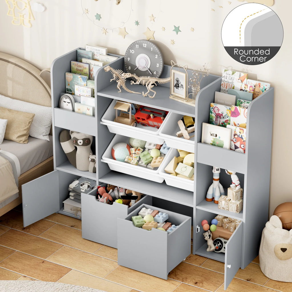 Hiphuta Bibliothèque et Meuble de Rangement pour Jouets pour Enfants, Organisateur en Bois avec 4 Paniers et 2 Tiroirs Amovibles pour la Maison et la Chambre, Étagère à Livres pour Enfants avec Bac à Jouets et Support à Livres, Blanc
