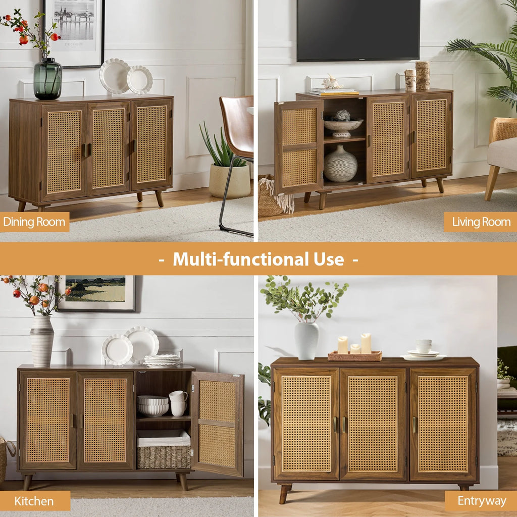 Buffet Boho en bois à 3 portes, meuble de rangement avec portes en rotin, noyer