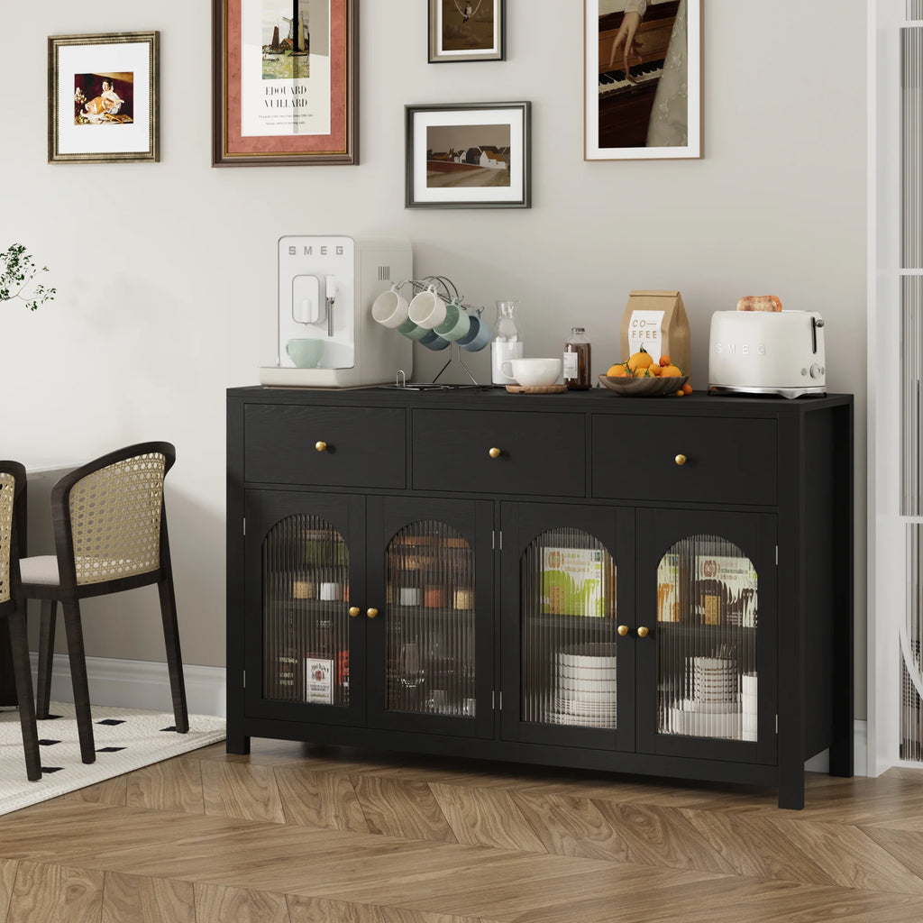 Homfa Grand buffet de 55'', meuble de rangement de cuisine avec 3 tiroirs et 4 portes vitrées, meuble bar en bois pour salon, blanc