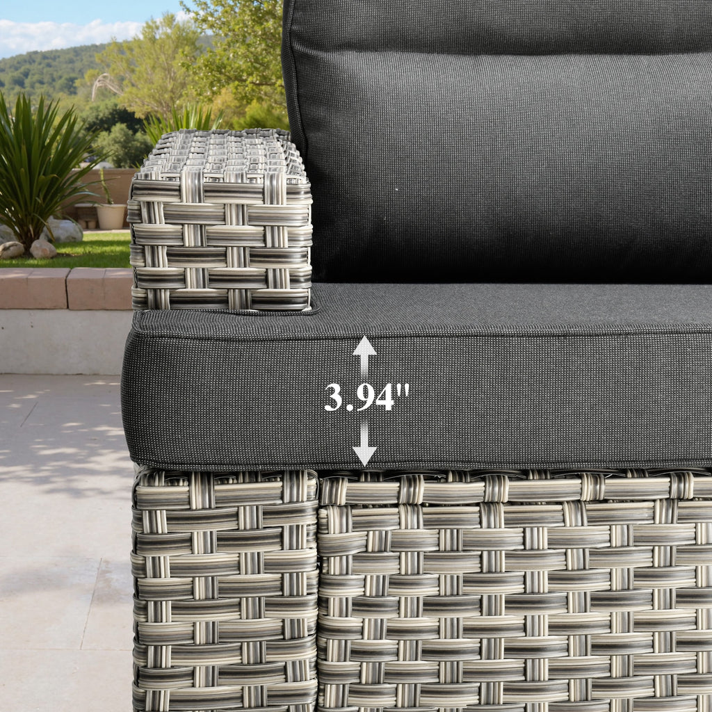 Ovios Salon de jardin modulable moderne en résine tressée toutes saisons à dossier haut, 10 pièces, avec table brasero au propane et fauteuil pivotant, gris foncé