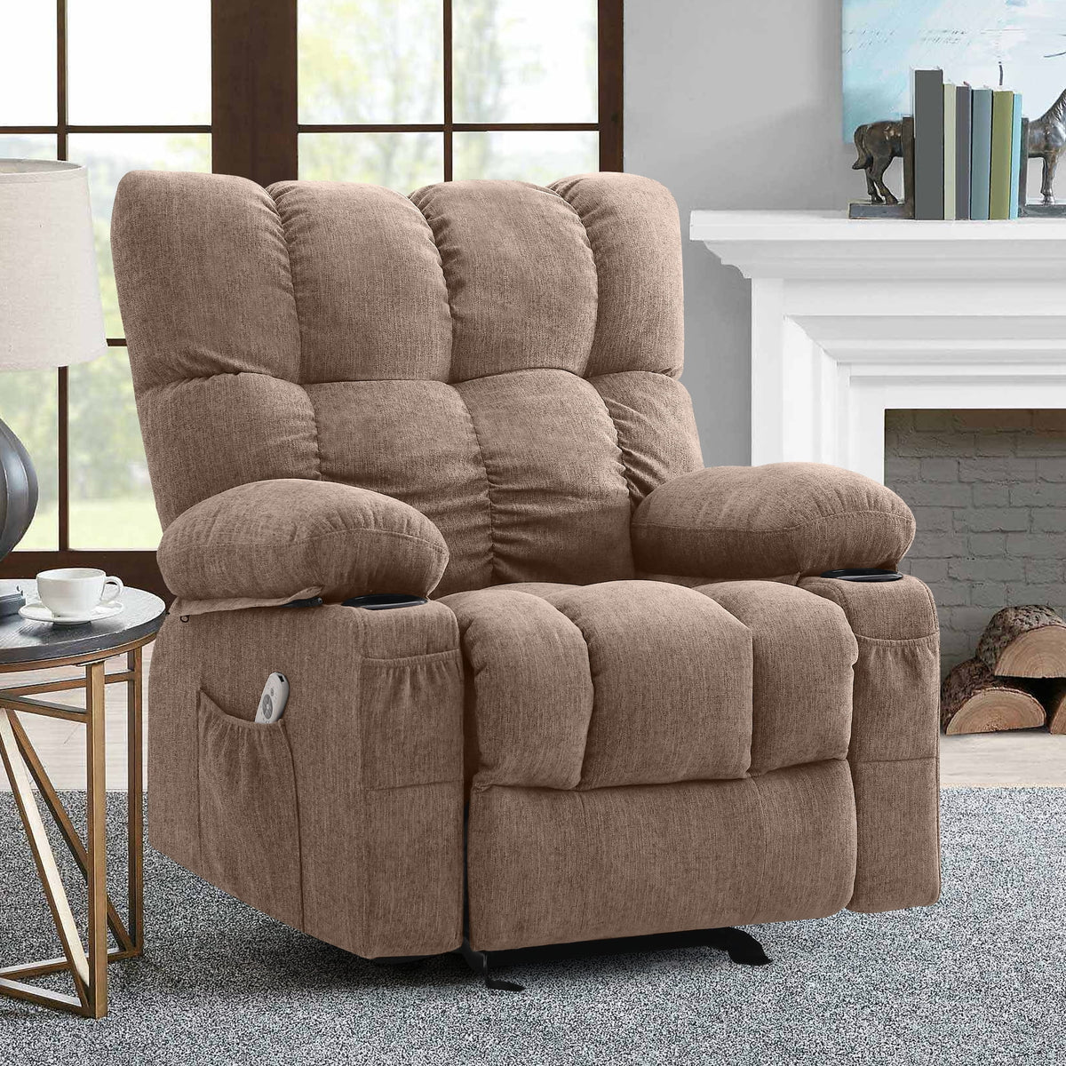 Fauteuil inclinable manuel JONPONY avec fonction de massage et de chauffage, mécanisme d’inclinaison robuste, fauteuil à bascule individuel pour personnes âgées avec porte-gobelets, pour chambre et salle de cinéma maison, gris