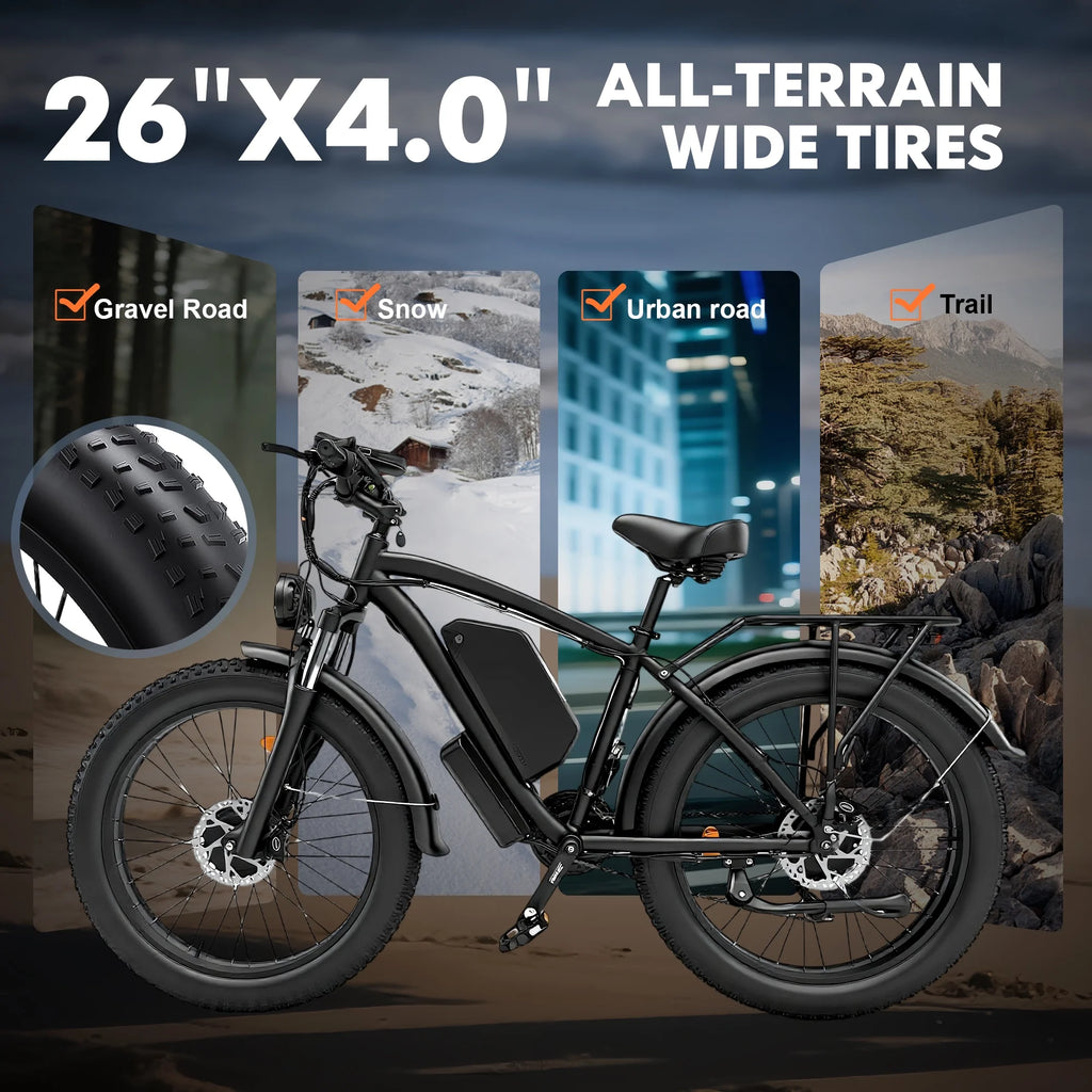 Vélo électrique à pneus larges pour adultes, vélo électrique à double moteur de 6 000 W, vitesse max. de 50 mi/h, vélo électrique tout-terrain de type VTT, 26 x 4,0, 60 V, 25 Ah, UL2849