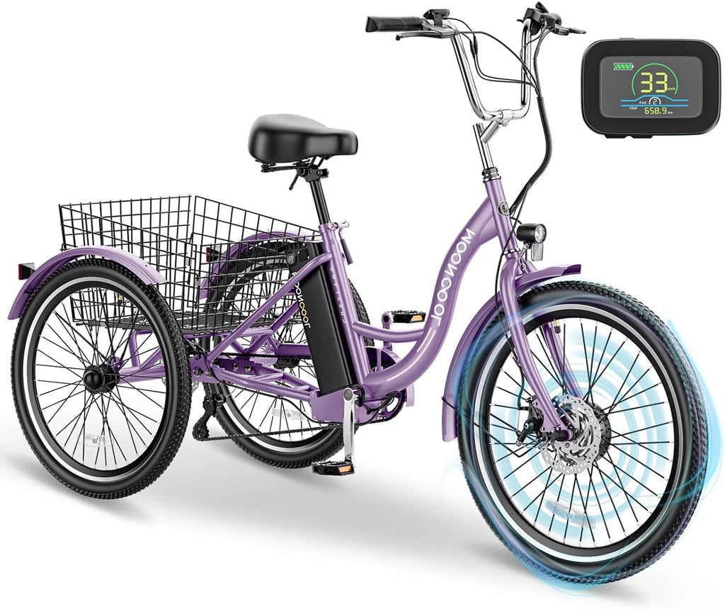Tricycles électriques ABORON 24 26, batterie au lithium 36 V 10 Ah 350 W, triporteur électrique 7 vitesses pour adultes avec grand panier arrière et siège réglable