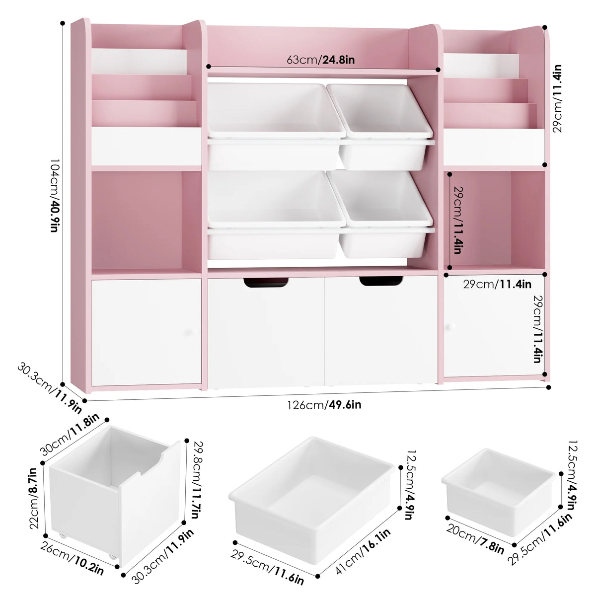 Hiphuta Bibliothèque et Meuble de Rangement pour Jouets pour Enfants, Organisateur en Bois avec 4 Paniers et 2 Tiroirs Amovibles pour la Maison et la Chambre, Étagère à Livres pour Enfants avec Bac à Jouets et Support à Livres, Blanc