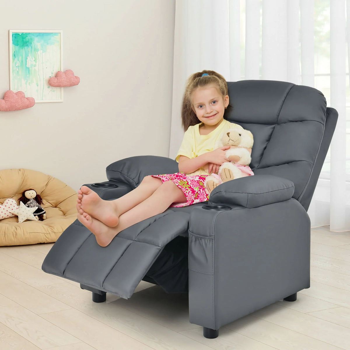 Fauteuil inclinable pour enfant et adolescent Costway en similicuir PU avec porte-gobelets et poches latérales, gris