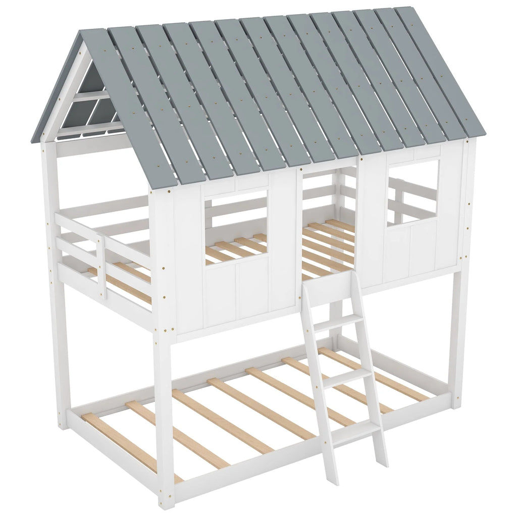 Lit superposé bas Euroco avec deux lits simples, toit et barrière de sécurité pour chambre d’enfant, blanc