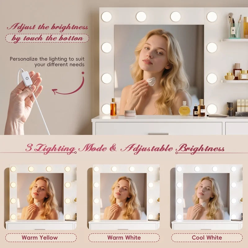 Coiffeuse Lacoo avec miroir et éclairage LED, coiffeuse de maquillage avec 7 tiroirs et 4 étagères, table de toilette avec prise électrique pour chambre ou dressing, blanc
