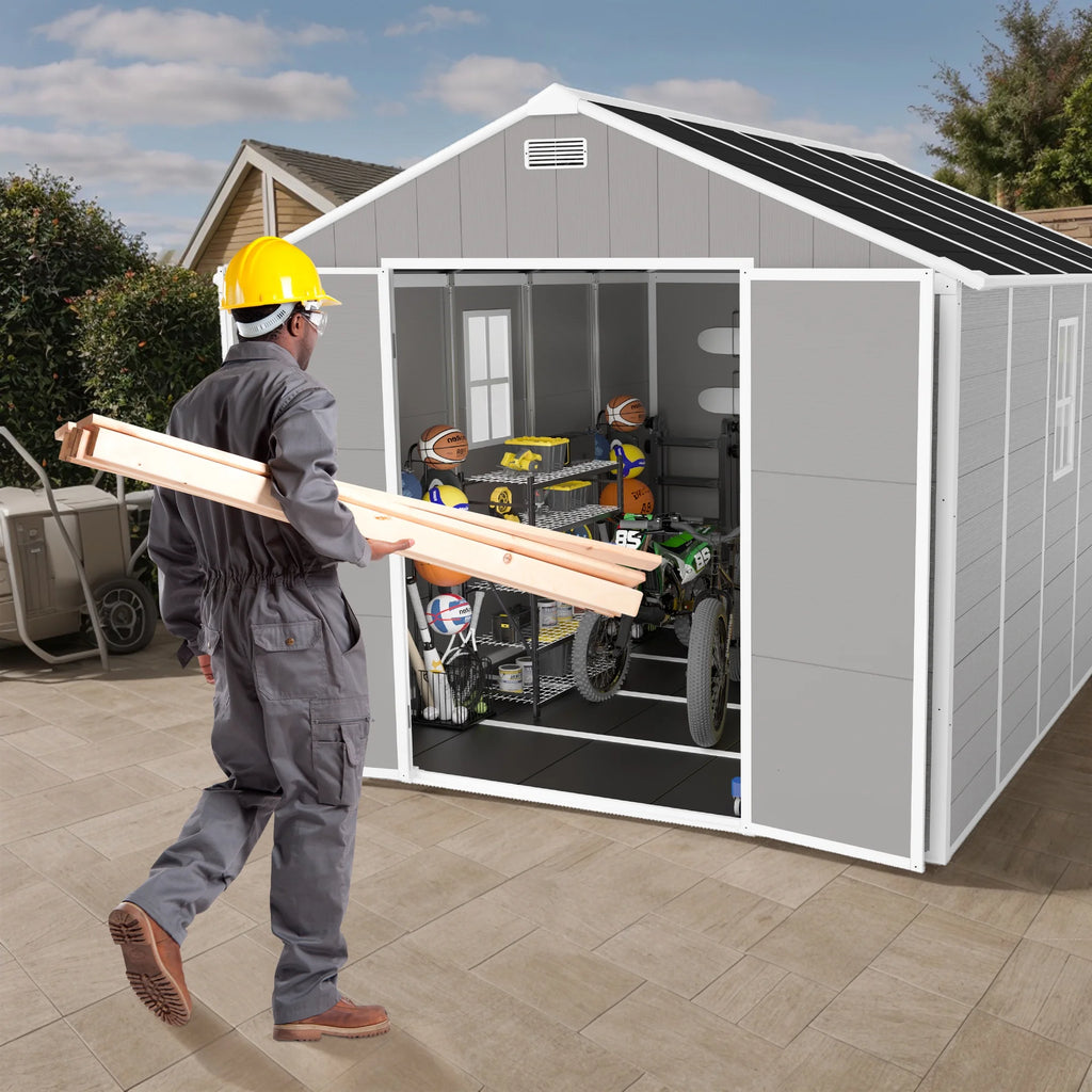 Enyopro Abri de rangement extérieur 6 x 4,4 pi, grand abri utilitaire en résine plastique toutes saisons pour outils avec deux portes verrouillables, pour patio, cour arrière et pelouse, gris
