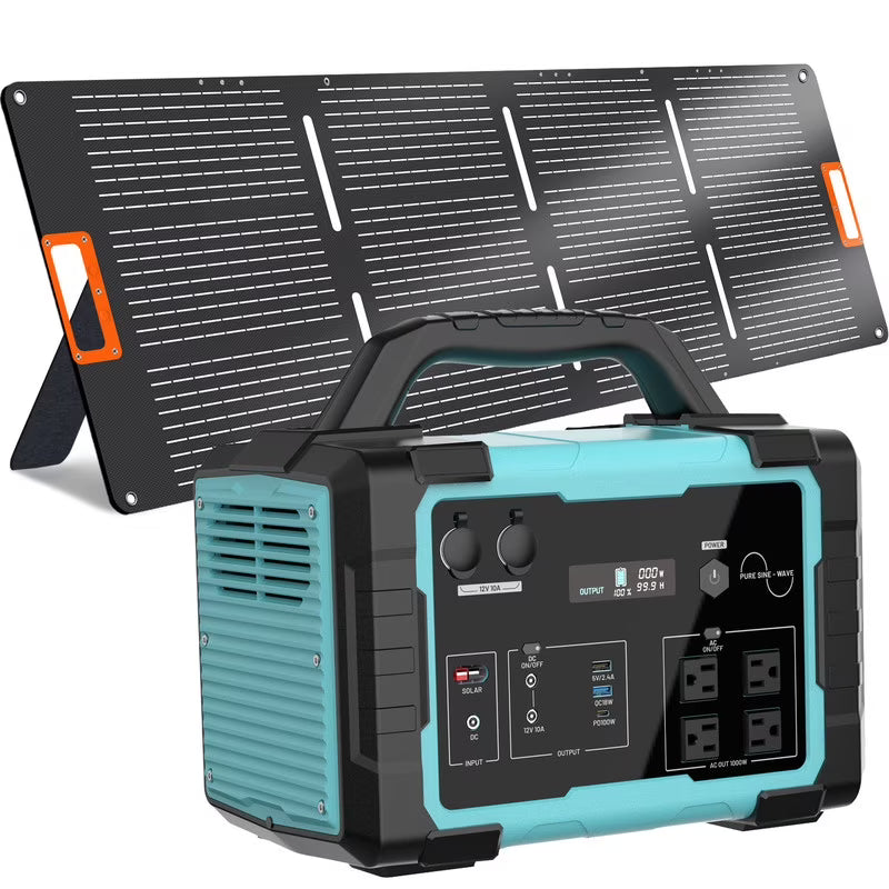 Générateur solaire portable 1000W, station d’énergie avec batterie LiFePO4 1024Wh et panneau solaire 100W, batterie externe USB-C pour camping, voyages en plein air, camping-car et urgences à domicile - Bleu