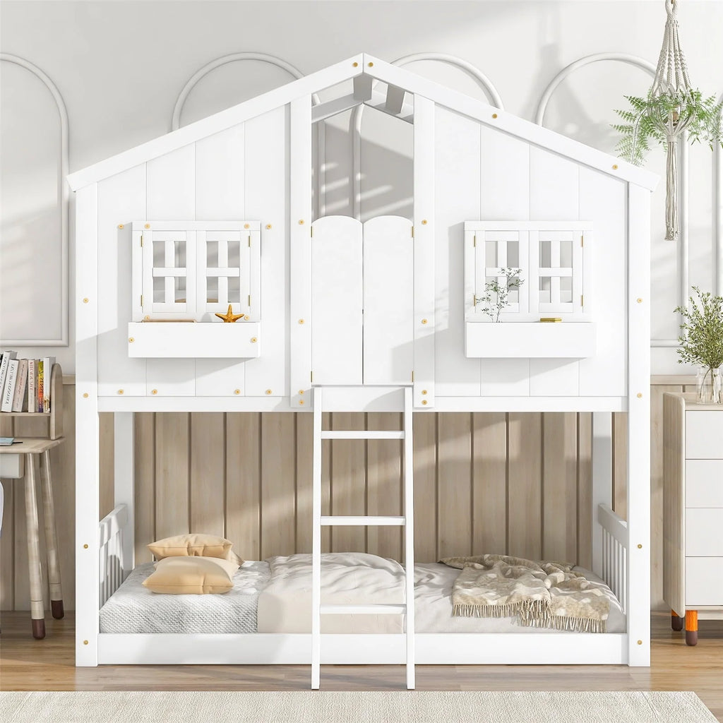 Lit superposé maison simple sur simple avec toit/fenêtre/niche de fenêtre/porte, cadre de lit superposé en bois avec plancher, barrières de sécurité et échelle pour enfants garçons et filles, blanc