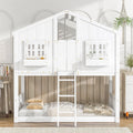 Lit superposé maison simple sur simple avec toit/fenêtre/niche de fenêtre/porte, cadre de lit superposé en bois avec plancher, barrières de sécurité et échelle pour enfants garçons et filles, blanc