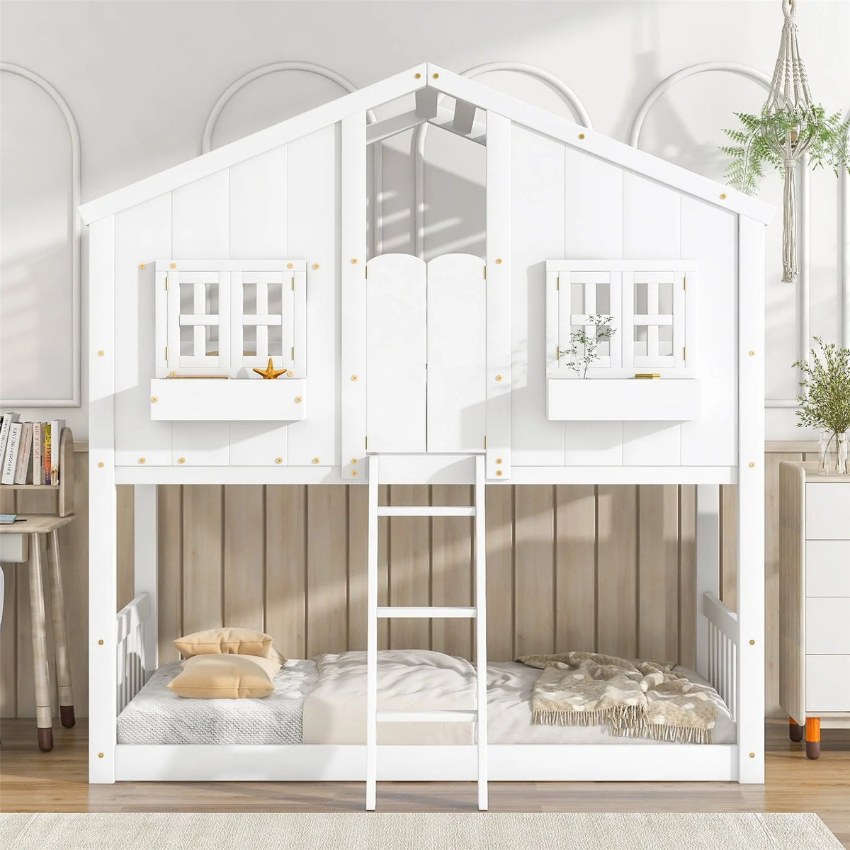 Lit superposé maison simple sur simple avec toit/fenêtre/niche de fenêtre/porte, cadre de lit superposé en bois avec plancher, barrières de sécurité et échelle pour enfants garçons et filles, blanc