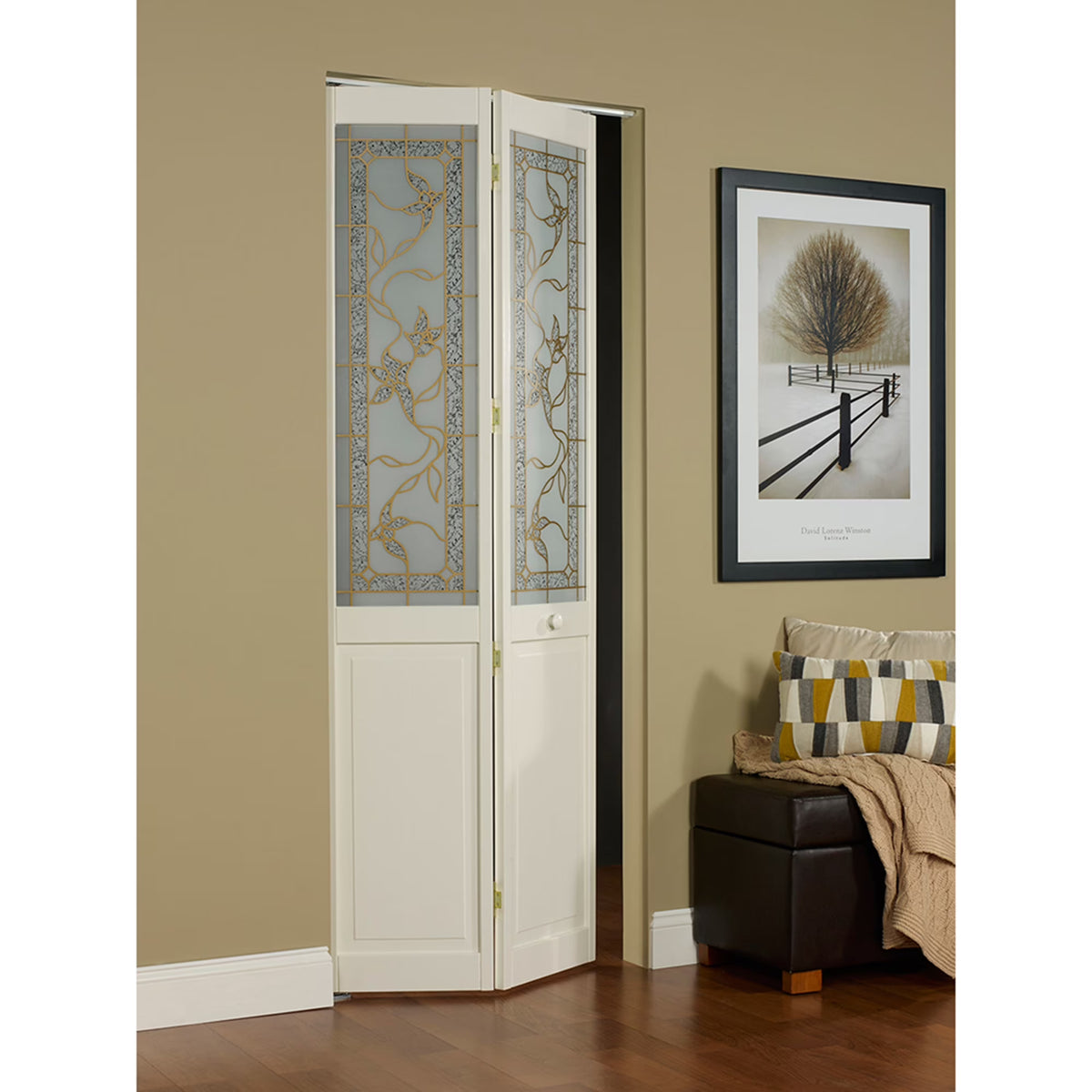 Porte intérieure pliante en bois de pin massif LTL Home Products Pinecroft Tuscany, en verre décoratif/panneau en relief, 24 x 80, pin brut 24 x 80 pouces