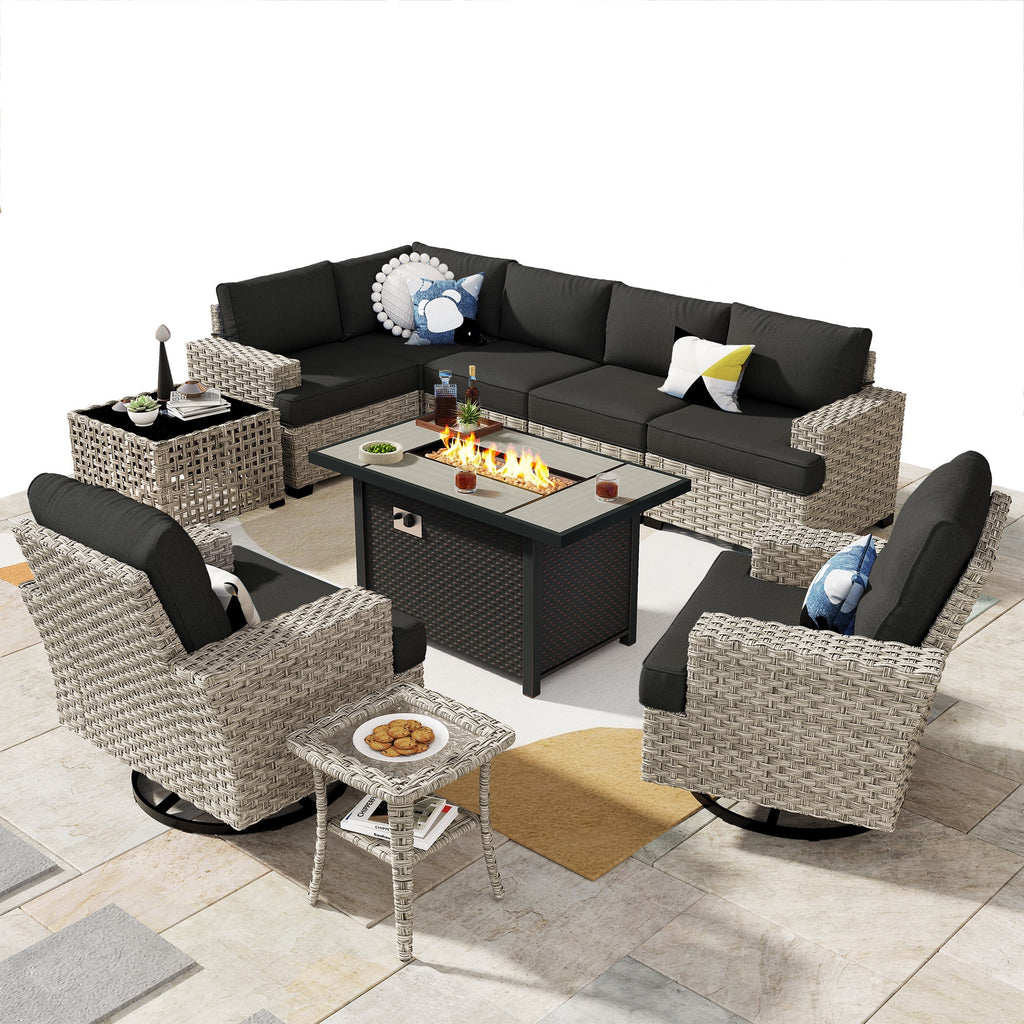Ovios Salon de jardin modulable moderne en résine tressée toutes saisons à dossier haut, 10 pièces, avec table brasero au propane et fauteuil pivotant, gris foncé