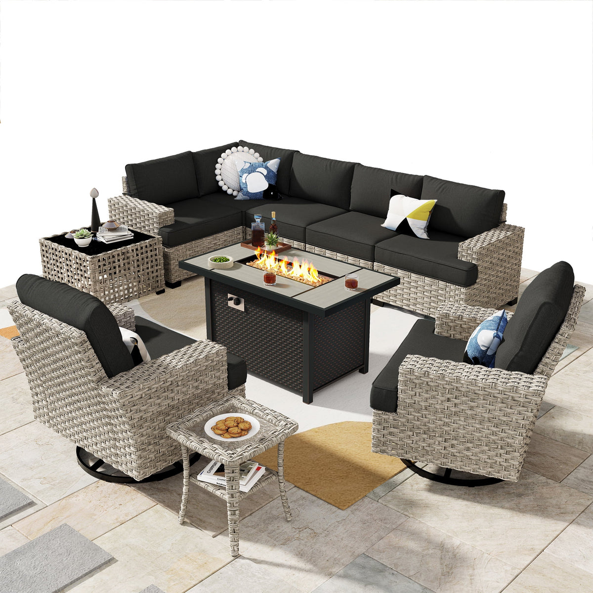 Ovios Salon de jardin modulable moderne en résine tressée toutes saisons à dossier haut, 10 pièces, avec table brasero au propane et fauteuil pivotant, gris foncé