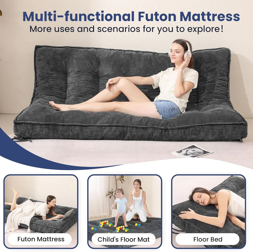 Matelas Futon 8 Pouces Taille Double, Canapé-Lit Futon Extra Épais Matelas Japonais Amélioré Matelas Futon au Sol pour Adultes Matelas Futon Japonais Pliable 8, Noir (Cadre Non Inclus)