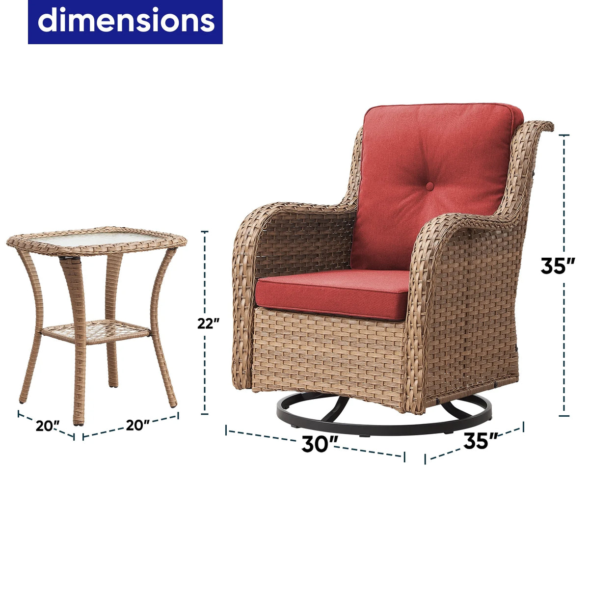 POCASSY Salon de Jardin 3 Pièces en Rotin Tressé Fauteuils Berçants et Pivotants avec Coussins
