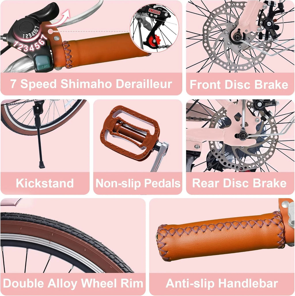 26 Vélos de Plage pour Femme, Vélos Pipleo pour Femme avec Panier en Rotin, 7 Vitesses & Cadre Ouvert