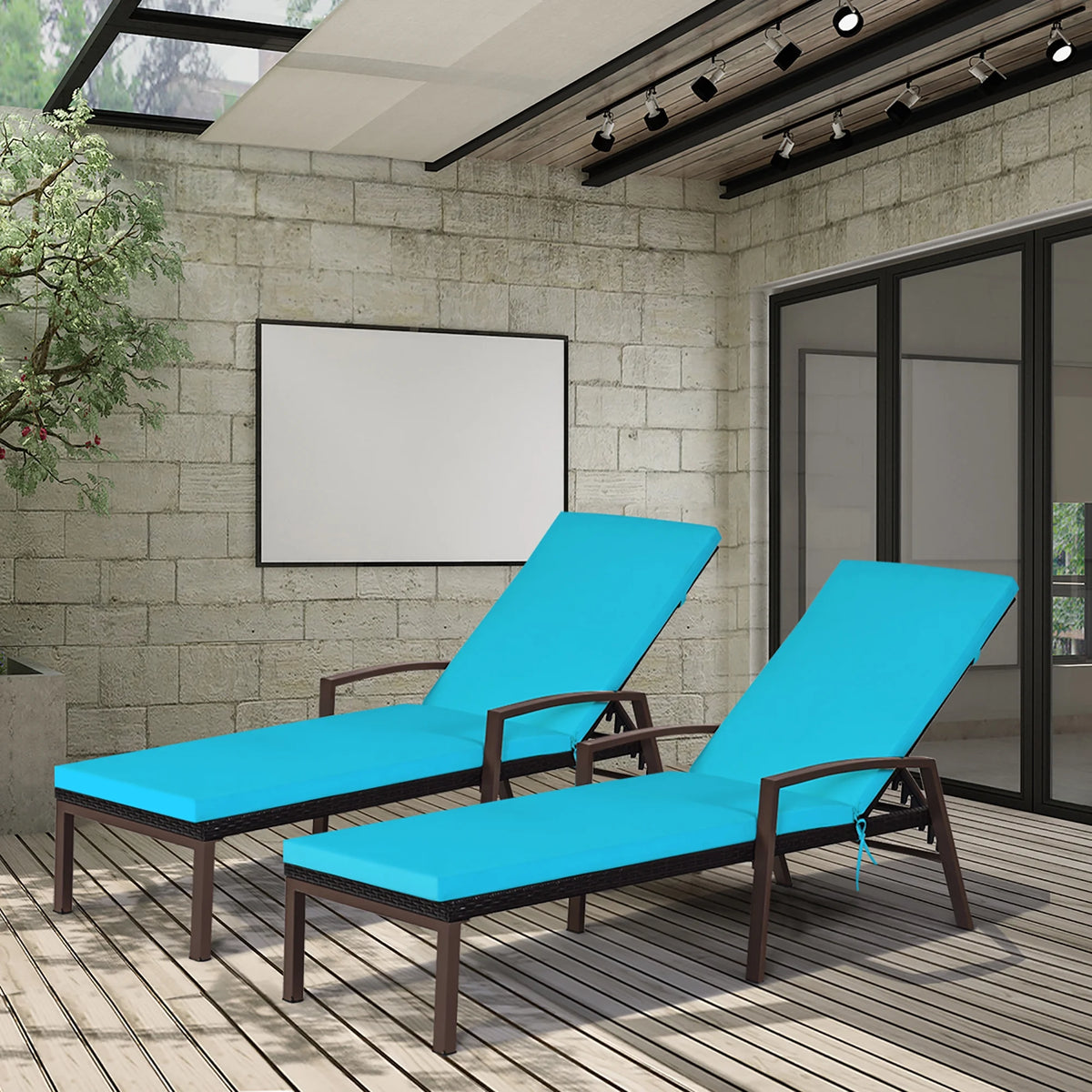 Costway Lot de 2 chaises longues de jardin en rotin, inclinables avec dossier réglable et coussinés, rouges