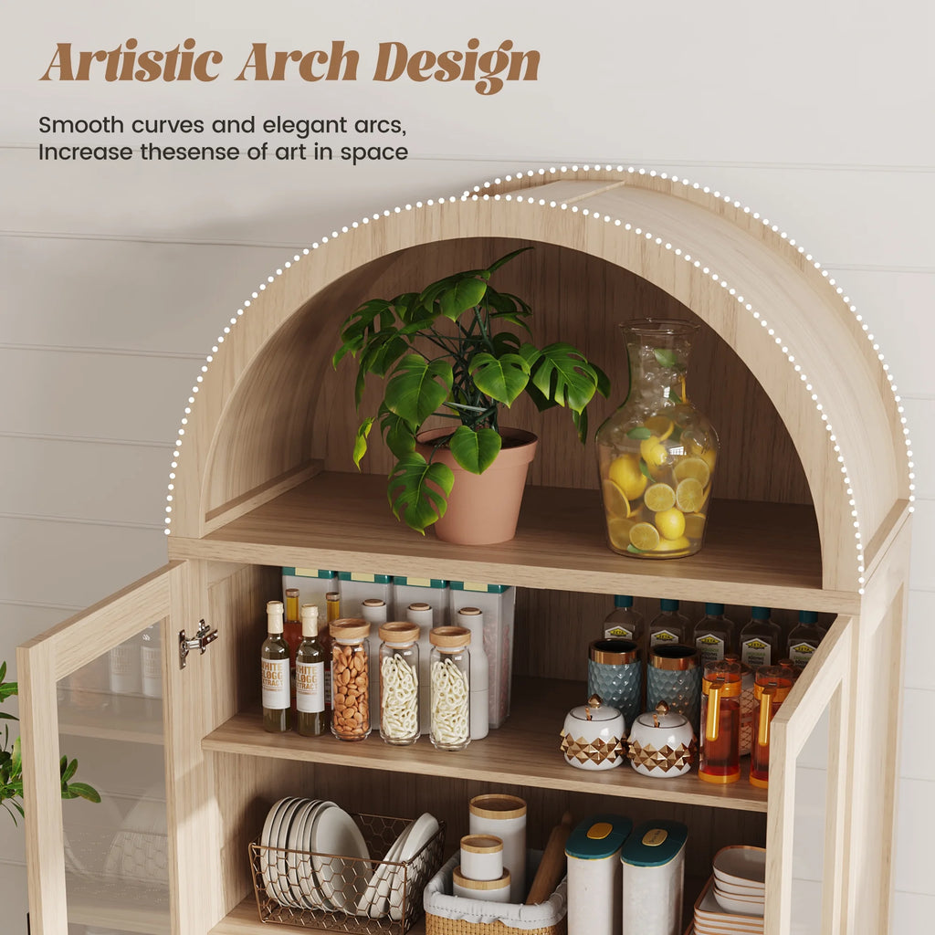 VEANERWOOD 71 Armoire haute cintrée, meuble de rangement de cuisine en bois cannelé avec 4 portes et 6 étagères pour salle à manger et salon