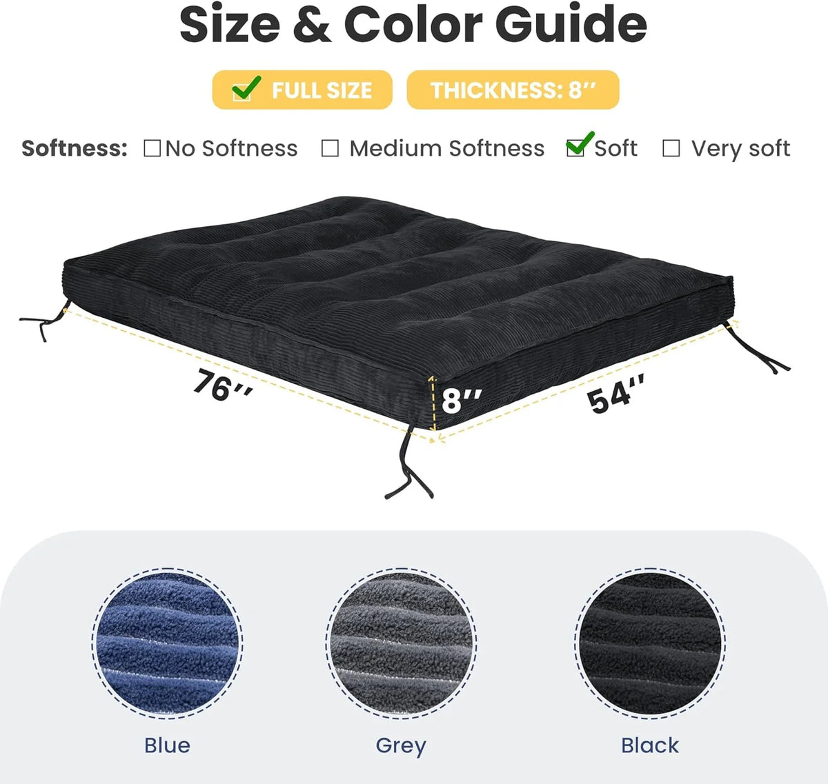 Matelas Futon 8 Pouces Taille Double, Canapé-Lit Futon Extra Épais Matelas Japonais Amélioré Matelas Futon au Sol pour Adultes Matelas Futon Japonais Pliable 8, Noir (Cadre Non Inclus)