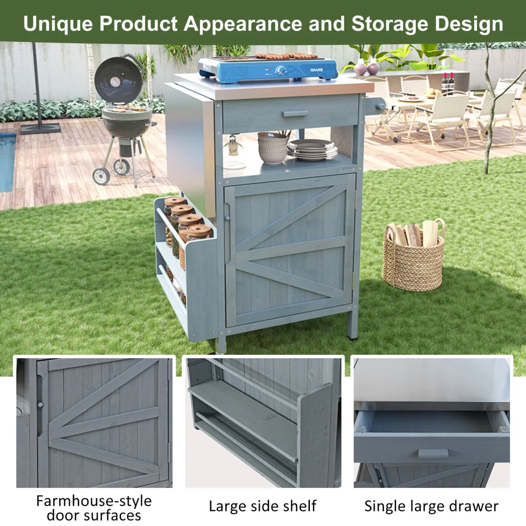 Îlot de cuisine d'extérieur en bois massif avec abattant, table pour barbecue avec plateau en acier inoxydable, chariot de bar d'extérieur et meuble de rangement avec roulettes verrouillables, tiroir, porte-épices, gris-bleu