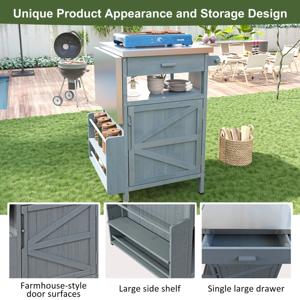 Îlot de cuisine d'extérieur en bois massif avec abattant, table pour barbecue avec plateau en acier inoxydable, chariot de bar d'extérieur et meuble de rangement avec roulettes verrouillables, tiroir, porte-épices, gris-bleu