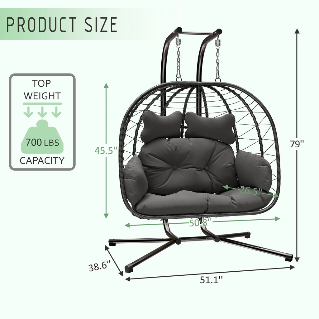 Bifanuo Fauteuil œuf balancelle double en osier, canapé suspendu pliant avec support, coussins amovibles résistants aux UV, capacité de 700 lb pour chambre, balcon (noir et beige)