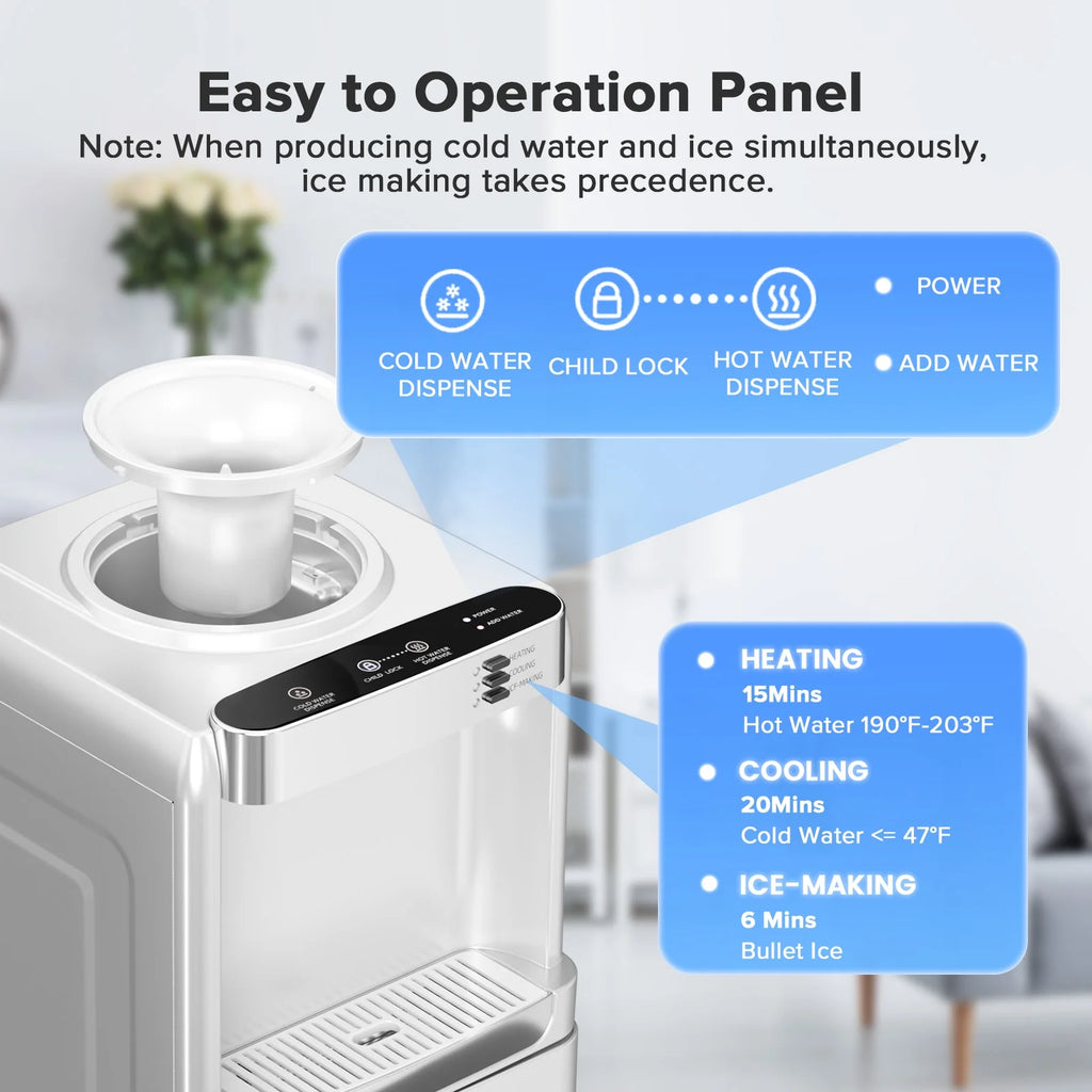 LHRIVER Distributeur d’eau 2-5 gallons & Machine à glaçons 6 min, 3-en-1 Chaud/Froid/Glace, Verrouillage enfant & Économe en énergie, pour Maison/Bureau, Noir