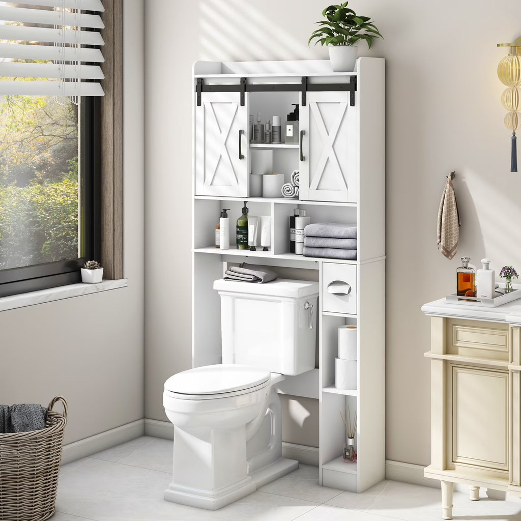 Meuble de rangement au-dessus des toilettes, meuble de rangement de style maisonnette au-dessus des toilettes avec portes coulissantesÉtagère de rangement gain de place pour toilettes, pour salle de bains, toilettes, buanderie