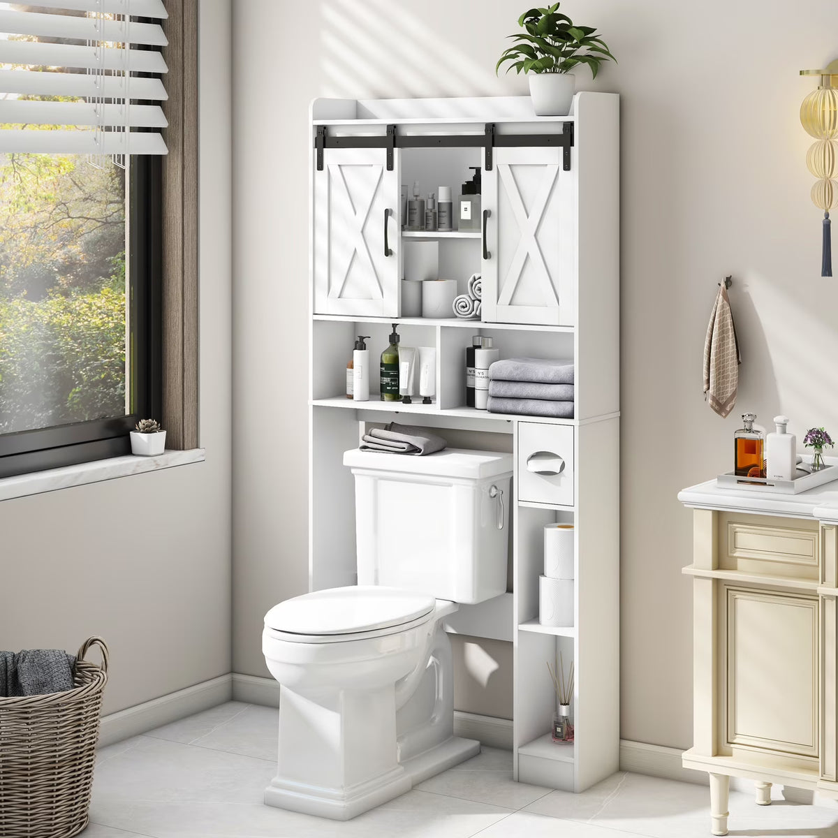 Meuble de rangement au-dessus des toilettes, meuble de rangement de style maisonnette au-dessus des toilettes avec portes coulissantesÉtagère de rangement gain de place pour toilettes, pour salle de bains, toilettes, buanderie