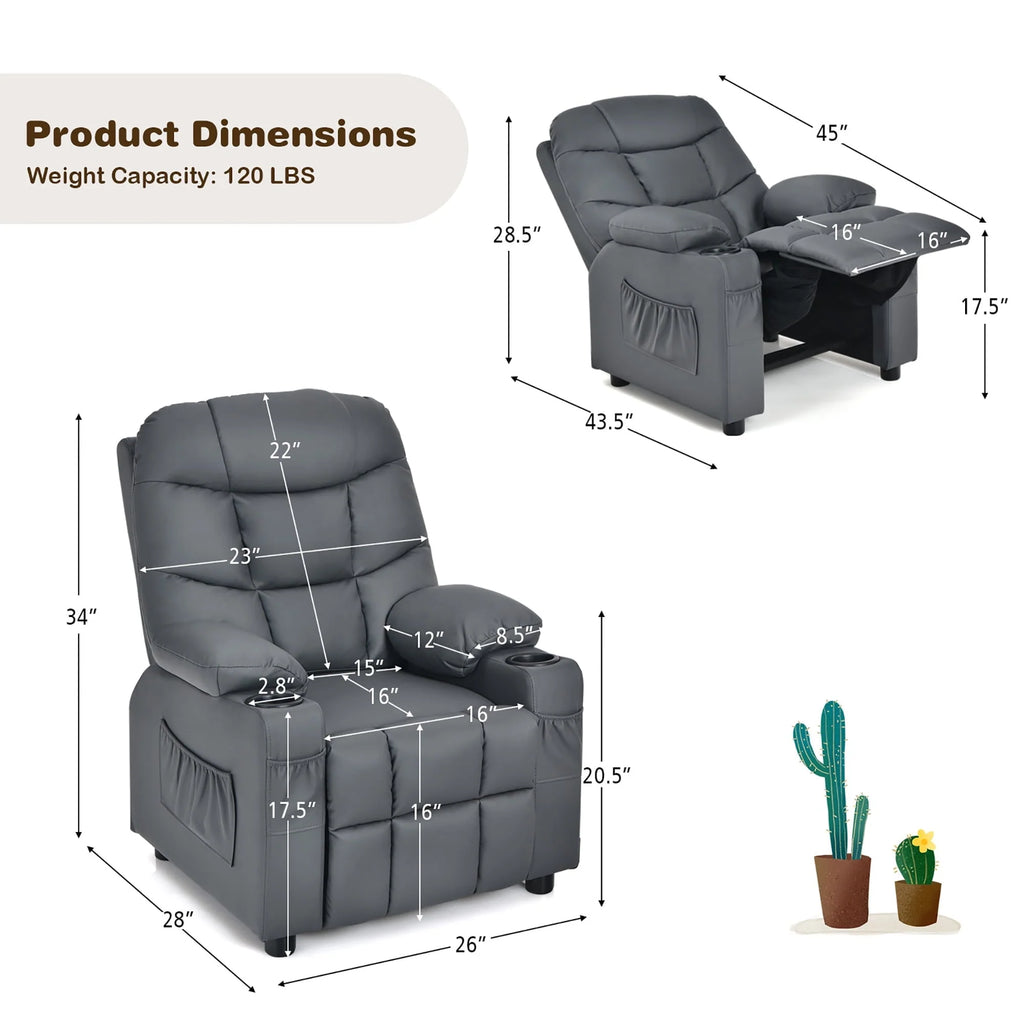 Fauteuil inclinable pour enfant et adolescent Costway en similicuir PU avec porte-gobelets et poches latérales, gris
