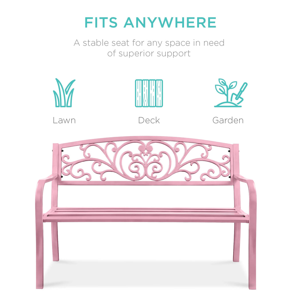Best Choice Products Banc en Acier d'Extérieur Jardin Patio Porche Meuble avec Dossier à Motif Floral - Noir