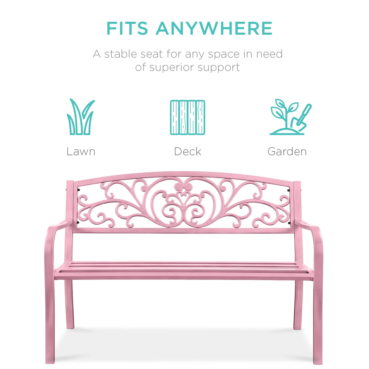 Best Choice Products Banc en Acier d'Extérieur Jardin Patio Porche Meuble avec Dossier à Motif Floral - Noir
