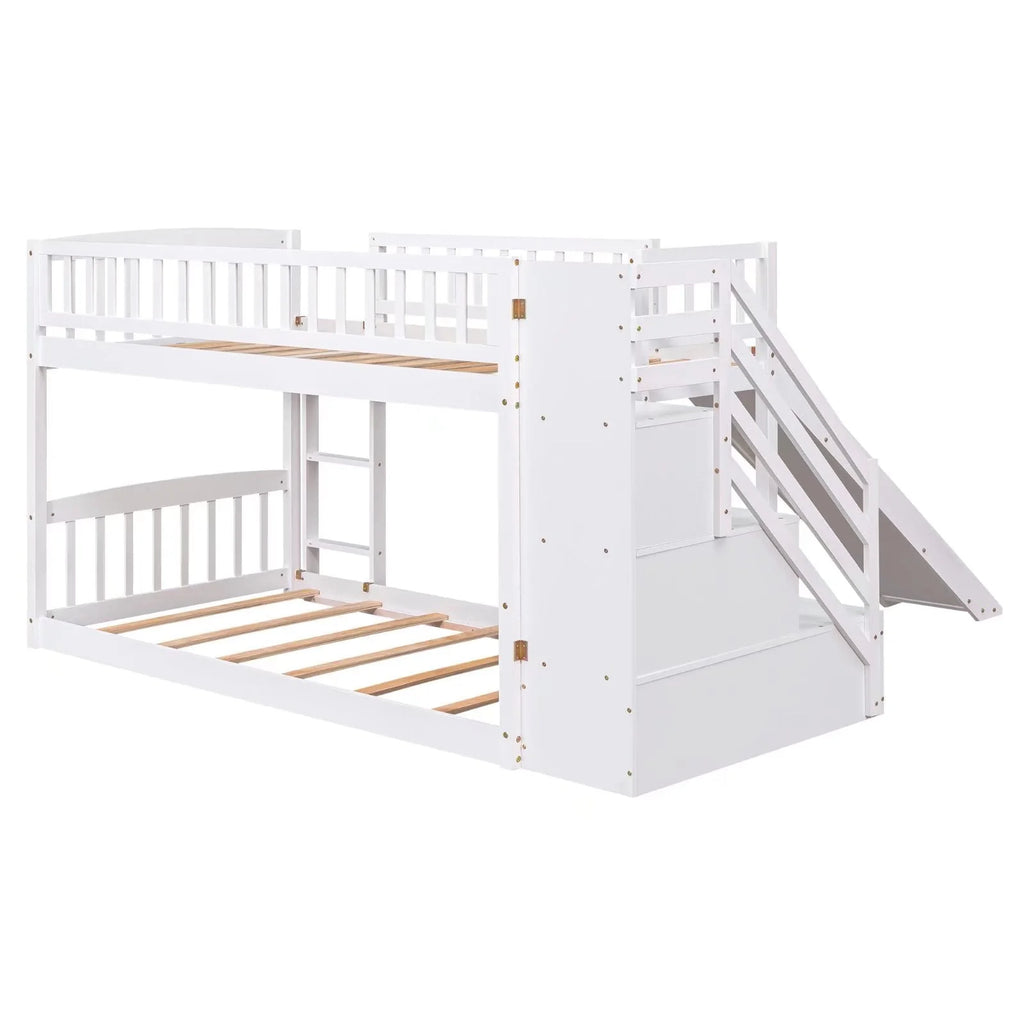 Lits superposés avec escalier, lits jumeaux, cadre de lit superposé en bois avec toboggan pour enfants et escalier de rangement, cadre de lit de rangement 2-en-1 avec échelle et barrières de sécurité pour chambre de garçons et de filles, blanc