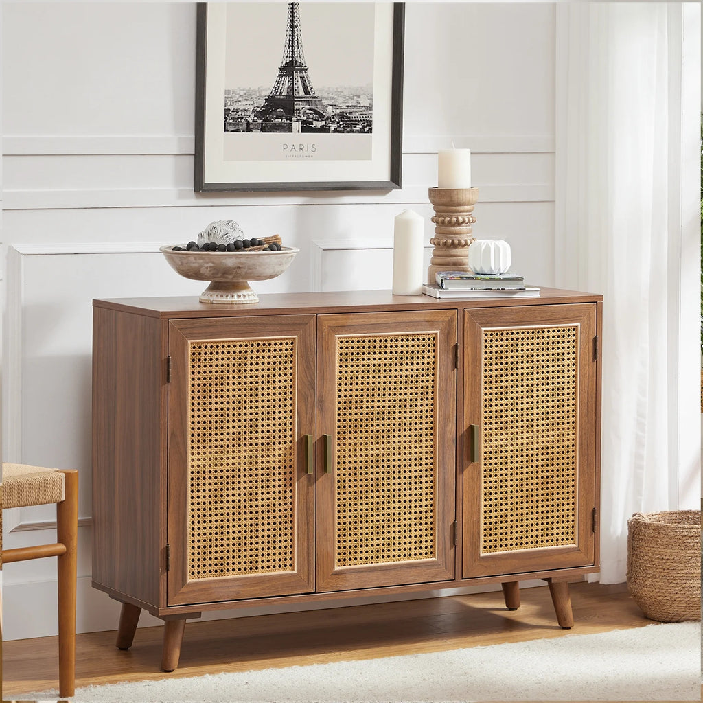 Buffet Boho en bois à 3 portes, meuble de rangement avec portes en rotin, noyer