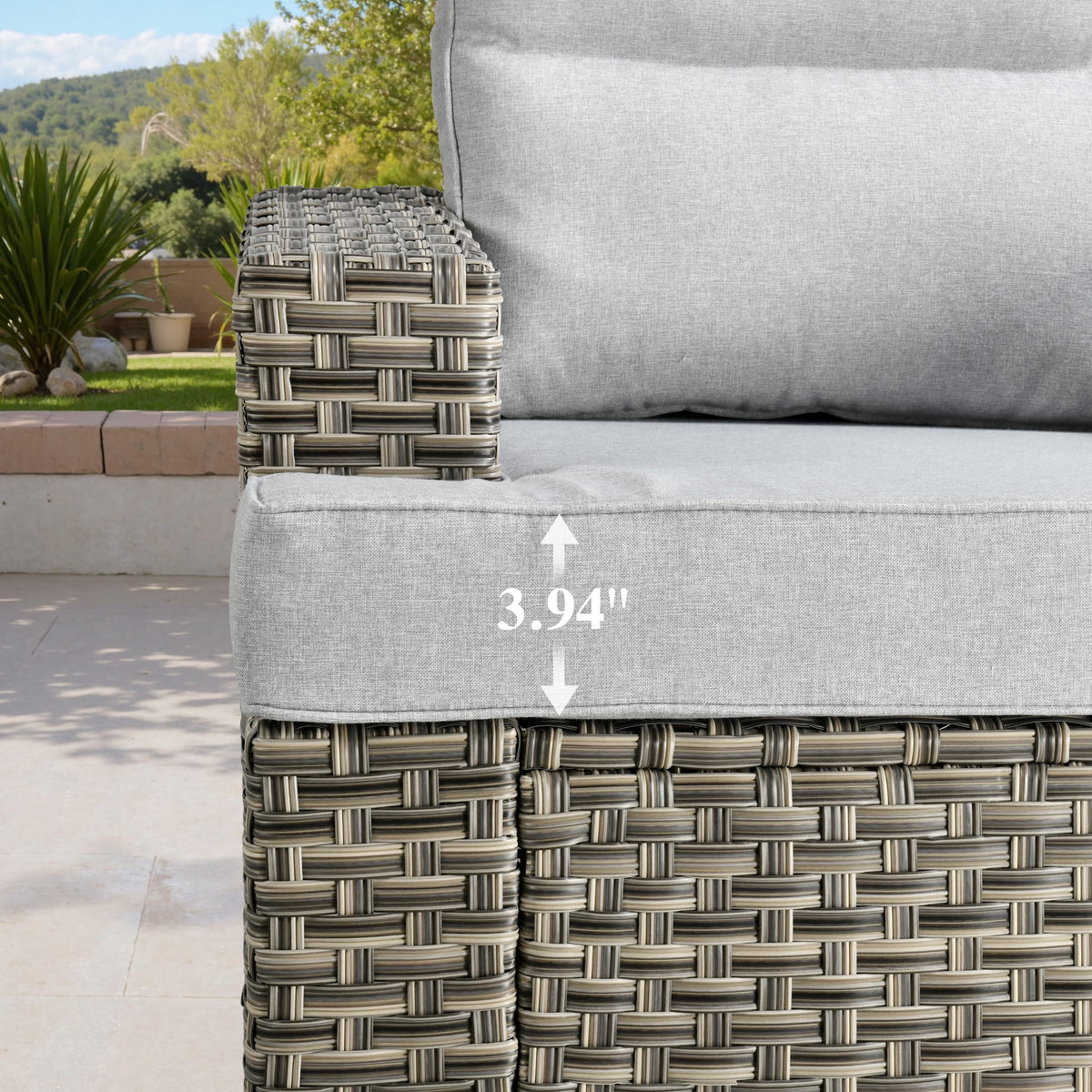 Ovios Salon de jardin modulable moderne en résine tressée toutes saisons à dossier haut, 10 pièces, avec table brasero au propane et fauteuil pivotant, gris foncé