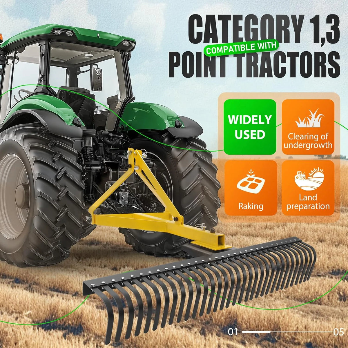 KOJEM Râteau paysage 60 po Râteau à 3 points Rotation à 360 degrés Compatible avec les tracteurs compacts Catégorie 1 Cat1 Outil de jardin remorqué pour jardin ferme Défrichage Râtelage de broussailles Arènes Lot de 2 Jaune